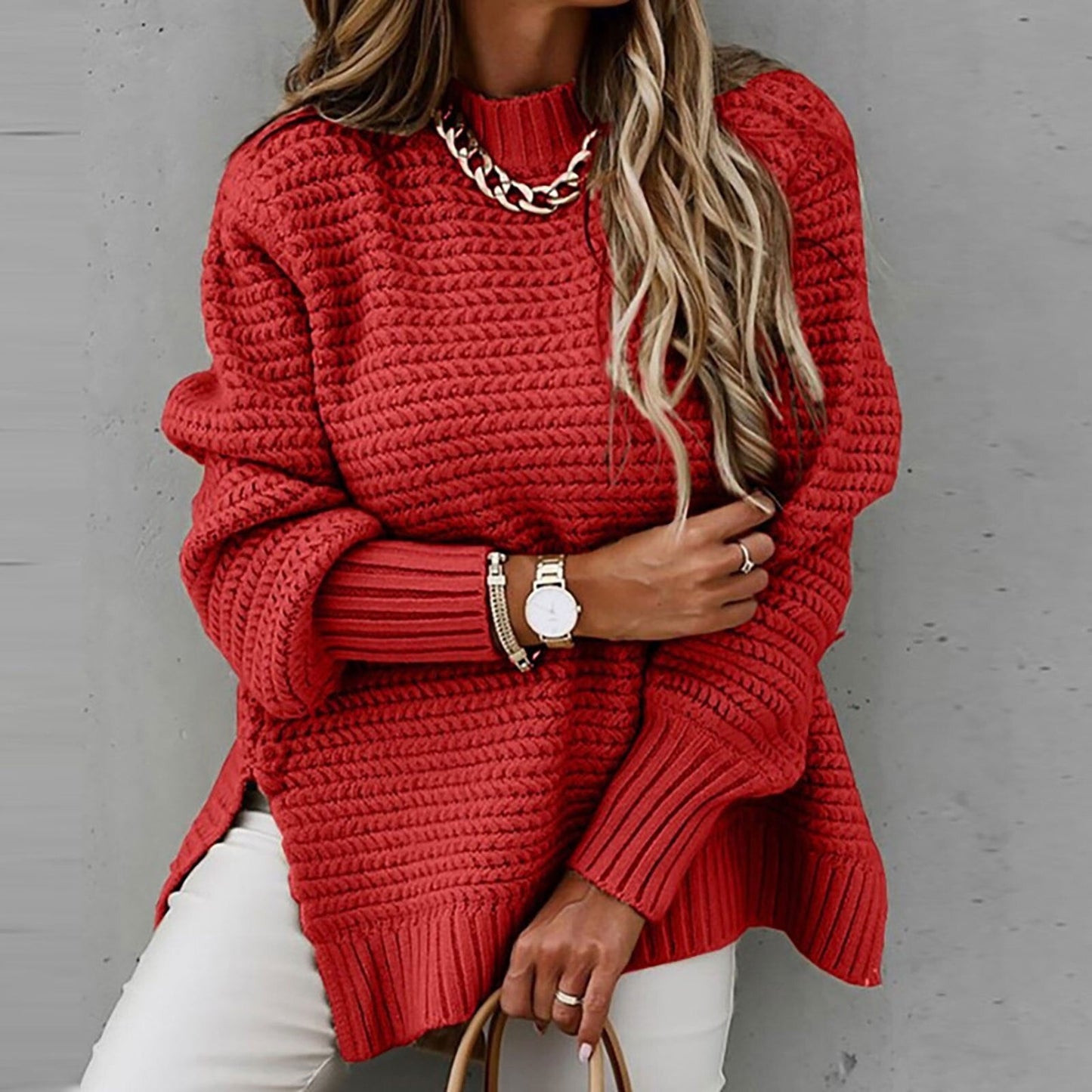 Oversized Pullover Sweater for Women - Split Hem - Image 10