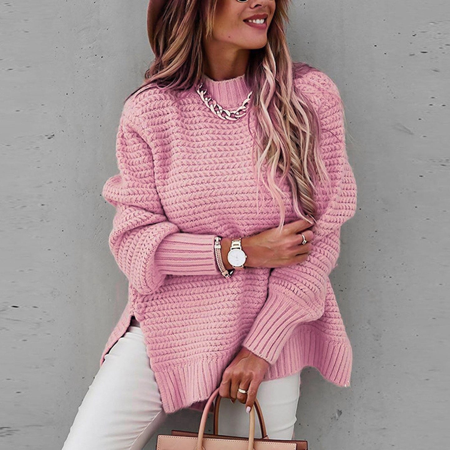 Oversized Pullover Sweater for Women - Split Hem - Image 8