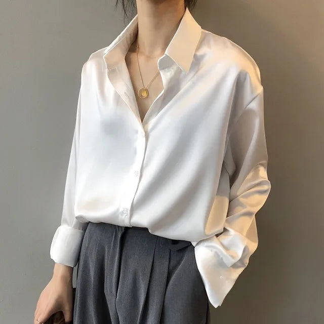 Button-Up Shirt for women - Collared Long Sleeve - Relaxed Fit Cuffed Sleeves - Standard Collar - Image 2
