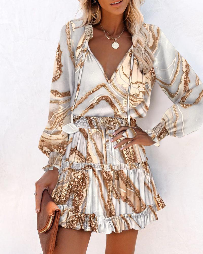 Floral Long Sleeve Mini Dress for women - Ruffle Hem - Smocked Waist Tiered - V-Neck Tie Neck - Image 3