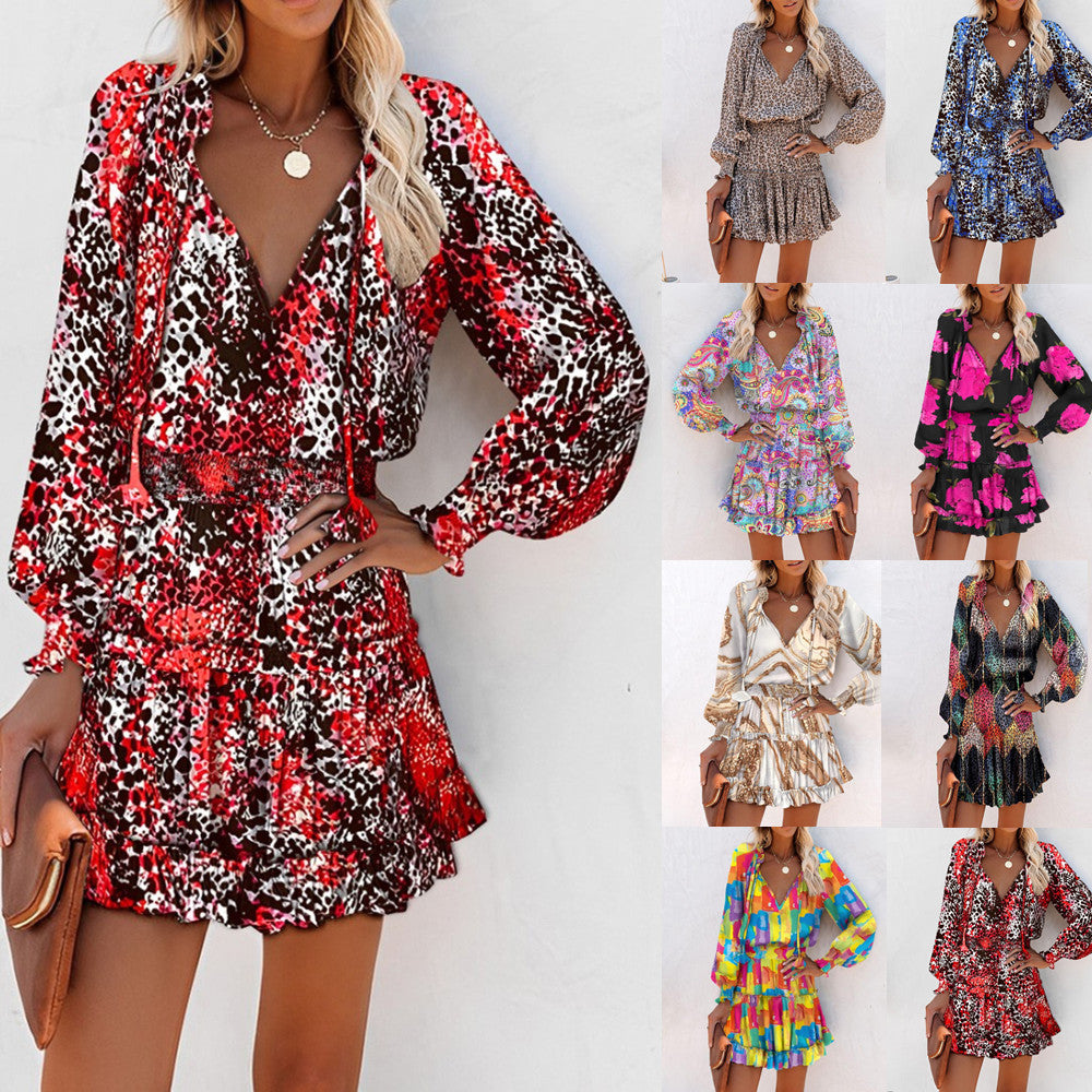 Floral Long Sleeve Mini Dress for women - Ruffle Hem - Smocked Waist Tiered - V-Neck Tie Neck - Image 13