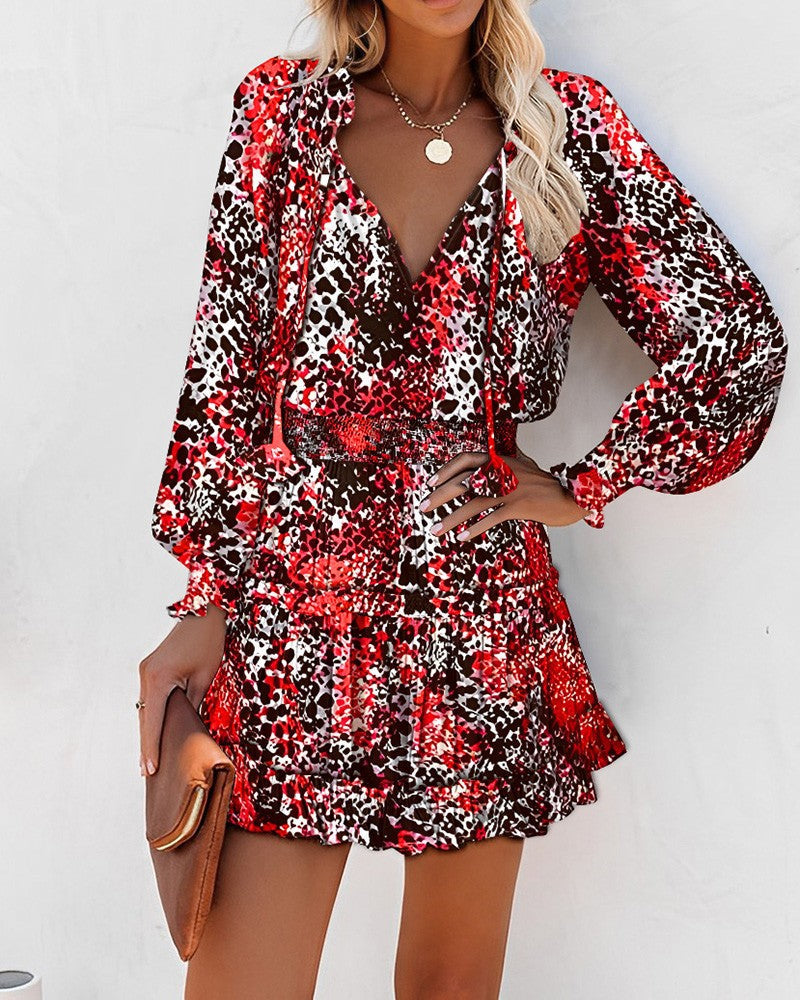 Floral Long Sleeve Mini Dress for women - Ruffle Hem - Smocked Waist Tiered - V-Neck Tie Neck - Image 5