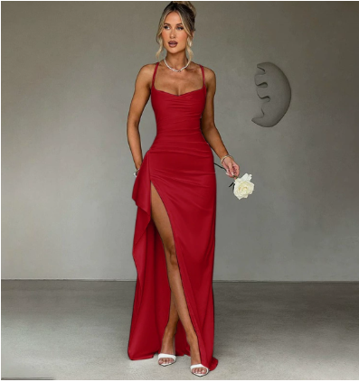 Spaghetti Strap Maxi Dress for women - High Slit Cowl Neck - Fitted Ruched Draped - Image 2