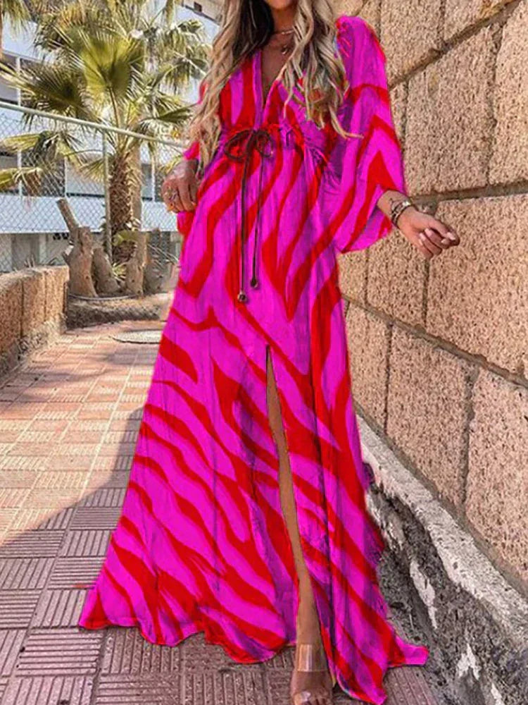 Boho Maxi Dress for women - Split Thigh V-Neck Long Sleeve - Drawstring Waist Button Front - Image 3