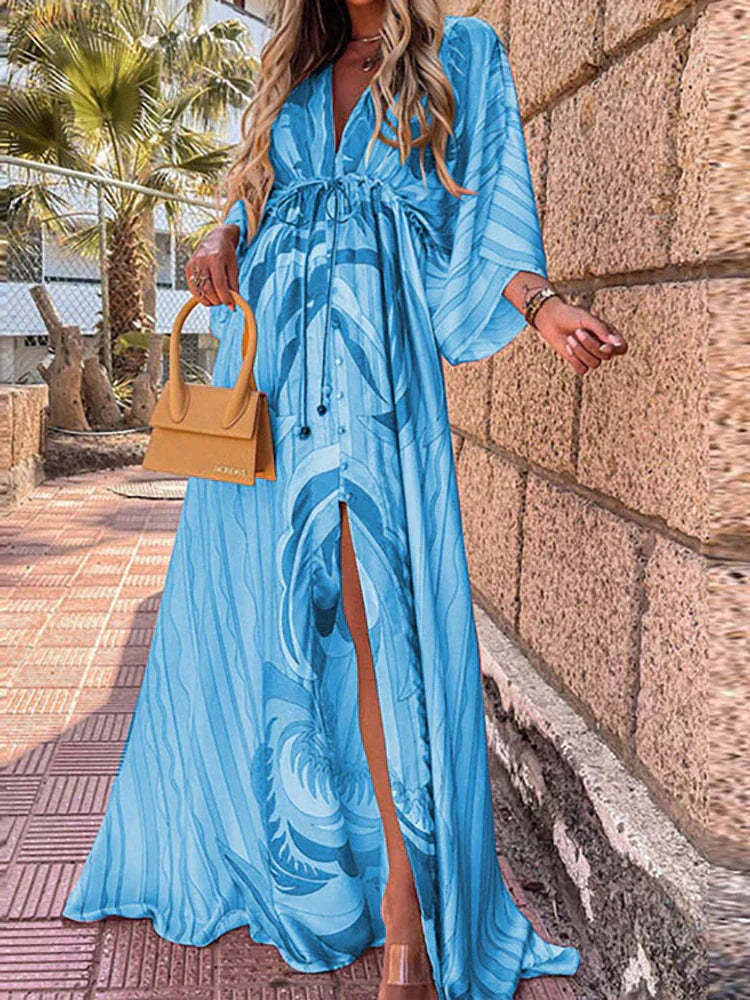 Boho Maxi Dress for women - Split Thigh V-Neck Long Sleeve - Drawstring Waist Button Front - Image 2