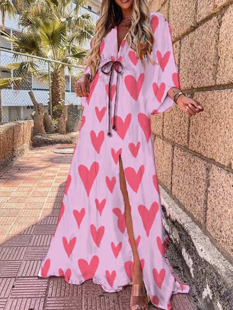 Boho Maxi Dress for women - Split Thigh V-Neck Long Sleeve - Drawstring Waist Button Front - Image 5