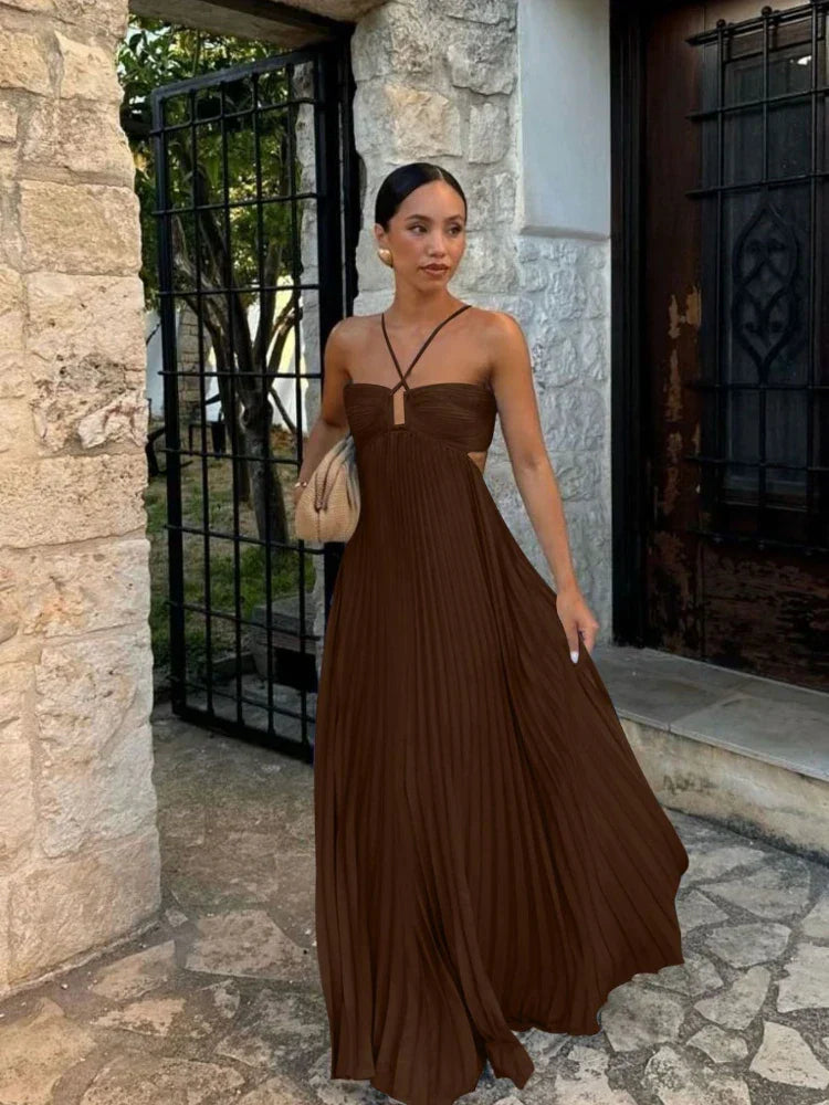 Pleated A-Line Maxi Dress for Women - Halter Strappy - Image 5
