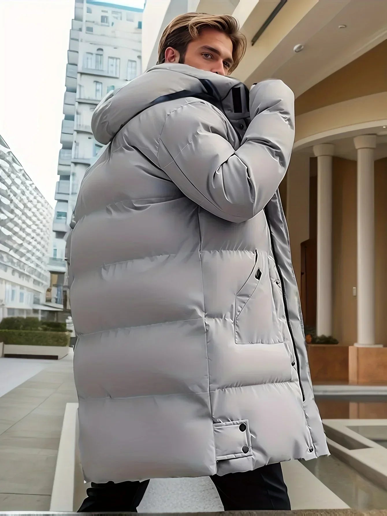 Puffer Hooded Coat for Men - Drawstring Hood - Image 4