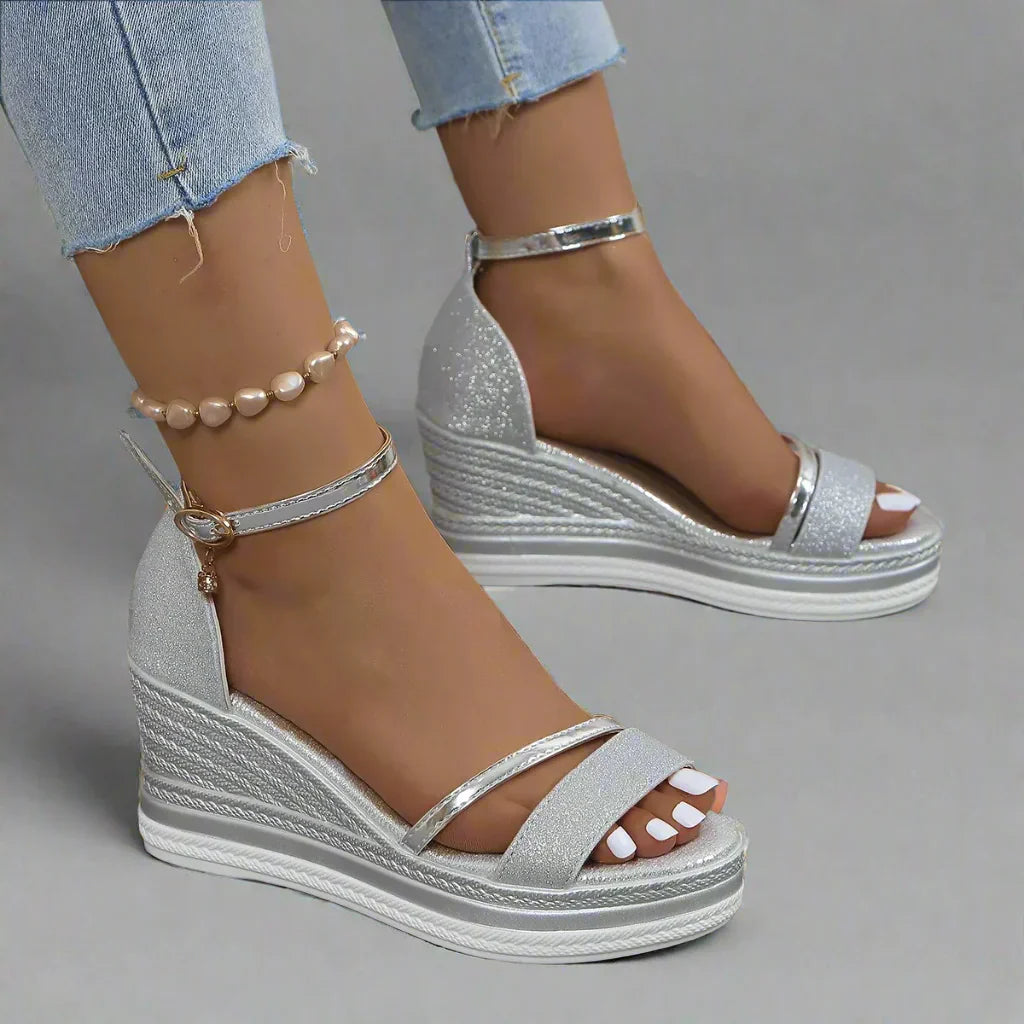 Glitter Wedge Sandals for Women - Ankle Strap Platform - Image 2