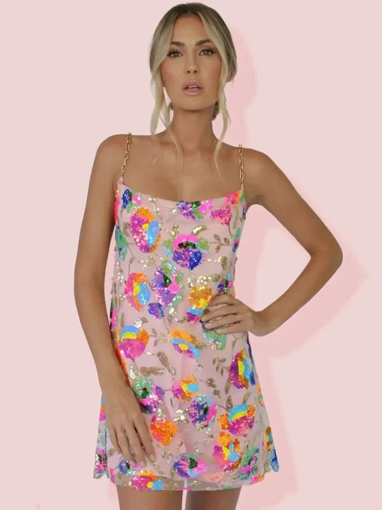 Floral Slip Mini Dress for women - Chain Strap Backless - Sequin - Image 2