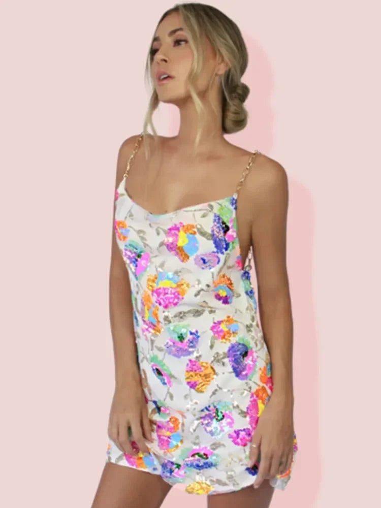 Floral Slip Mini Dress for women - Chain Strap Backless - Sequin - Image 4