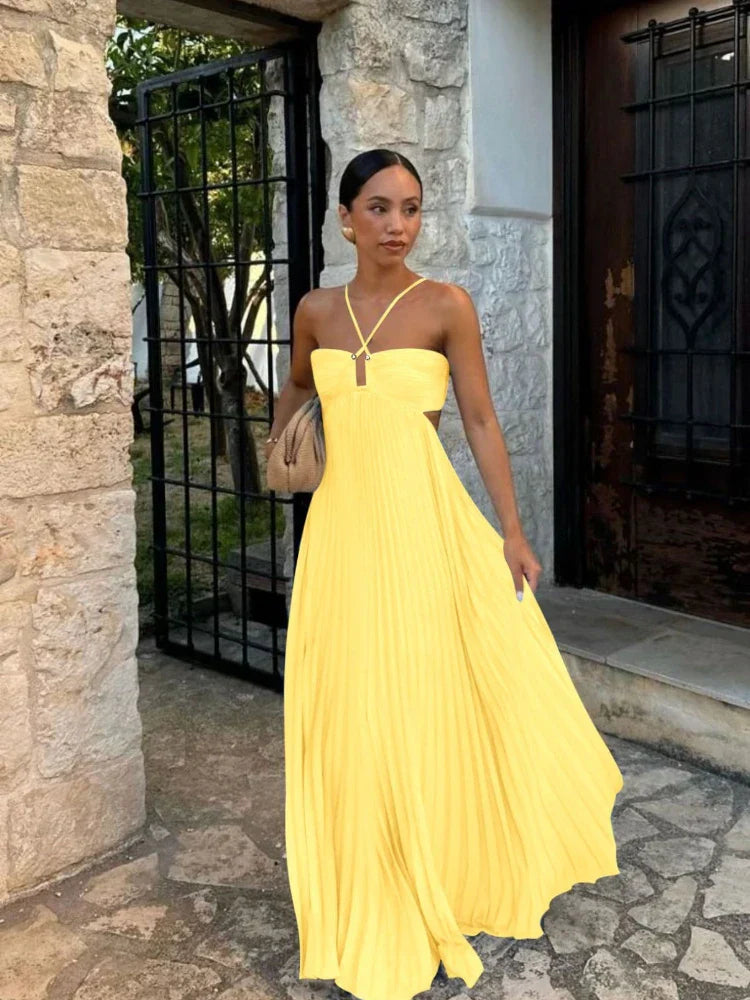 Pleated A-Line Maxi Dress for Women - Halter Strappy - Image 3