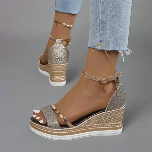 Glitter Wedge Sandals for Women - Ankle Strap Platform - Image 1