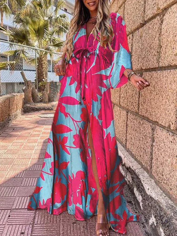Boho Maxi Dress for women - Split Thigh V-Neck Long Sleeve - Drawstring Waist Button Front - Image 4