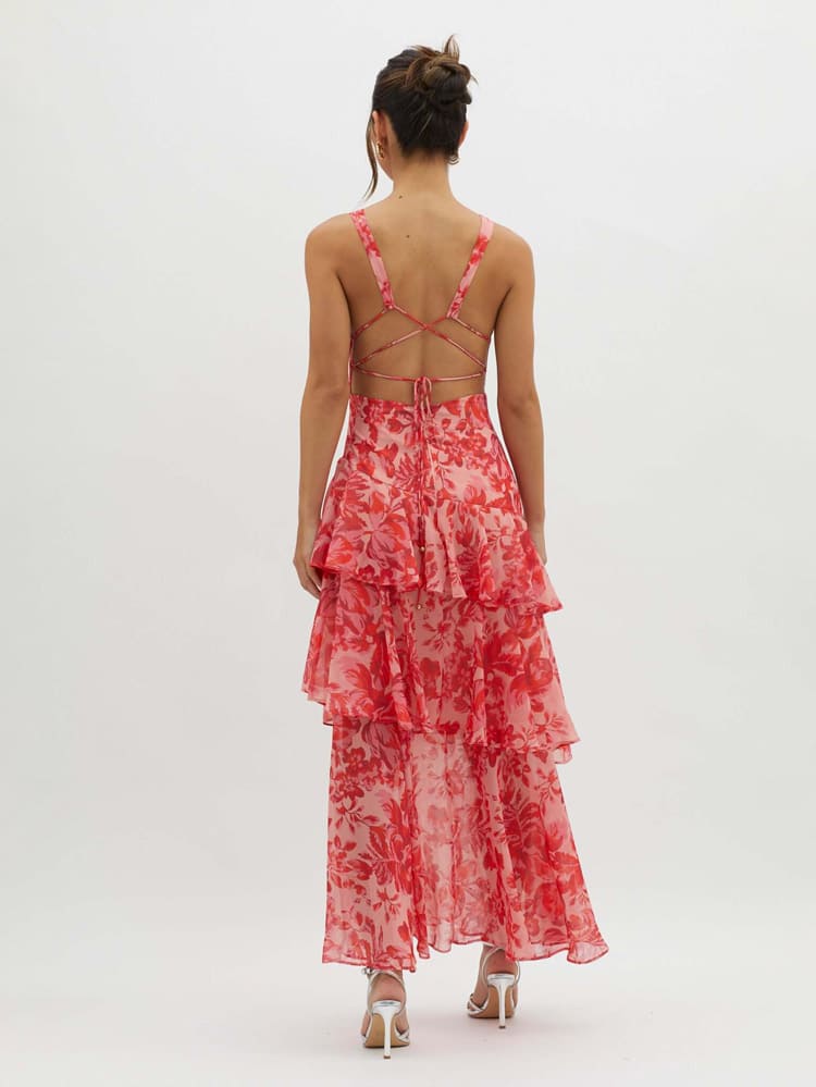Floral Tiered Maxi Dress for women - V-Neck Backless - Image 2