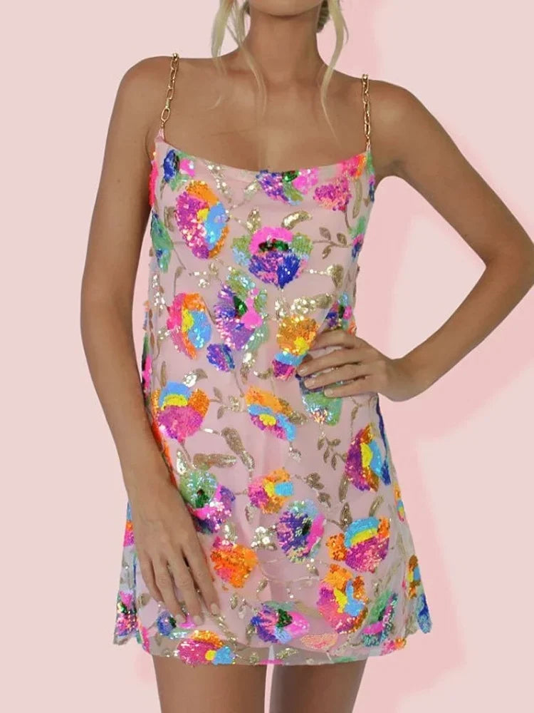 Floral Slip Mini Dress for women - Chain Strap Backless - Sequin - Image 10