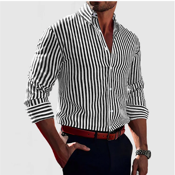 Striped Button-Down Shirt for men - Long Sleeve Slim Fit - Spread Collar Buttoned Cuffs - Image 2