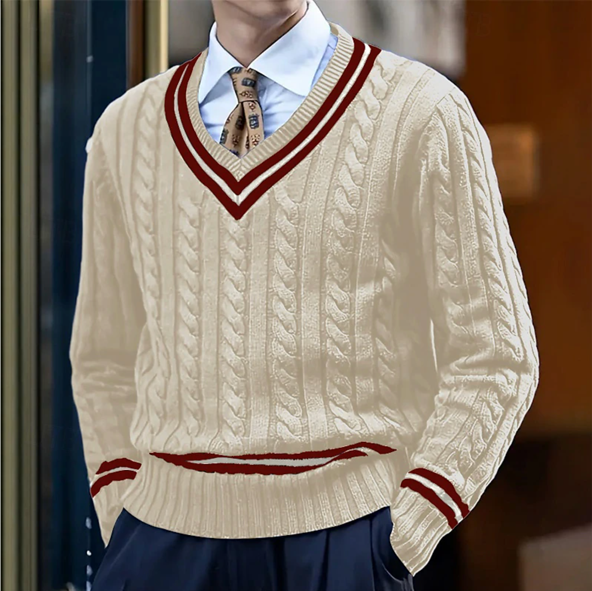 Cable Knit V-Neck Sweater for Men - Long Sleeve - Image 1