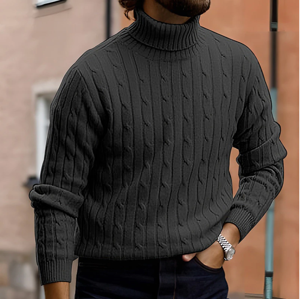 Cable Knit Turtleneck Sweater for Men - Long Sleeve - Image 2