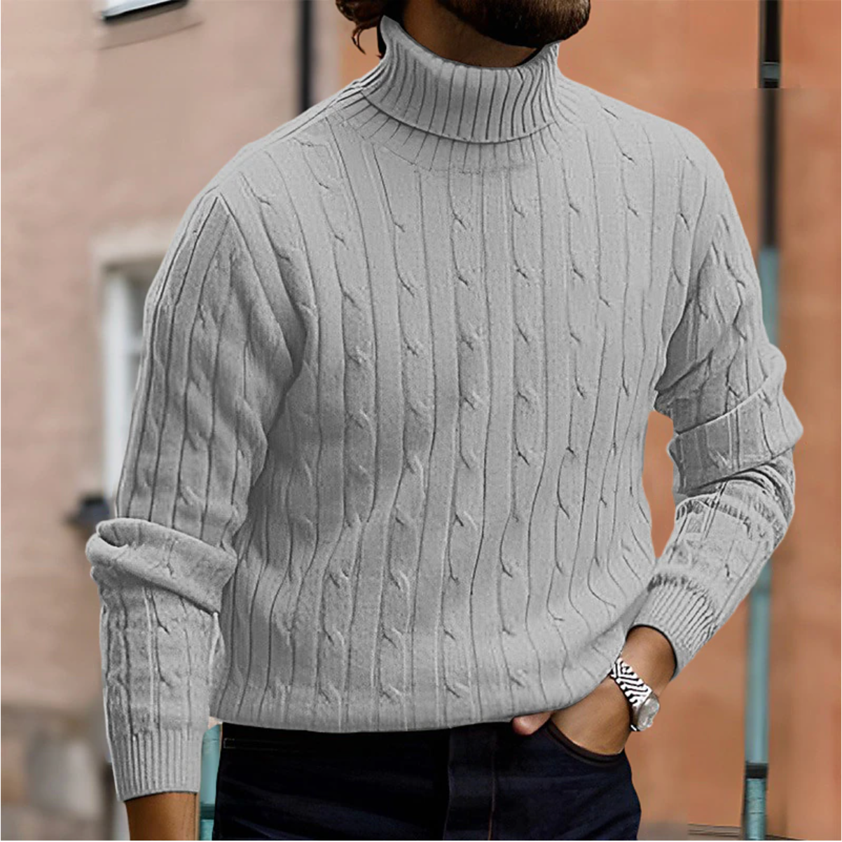 Cable Knit Turtleneck Sweater for Men - Long Sleeve - Image 4
