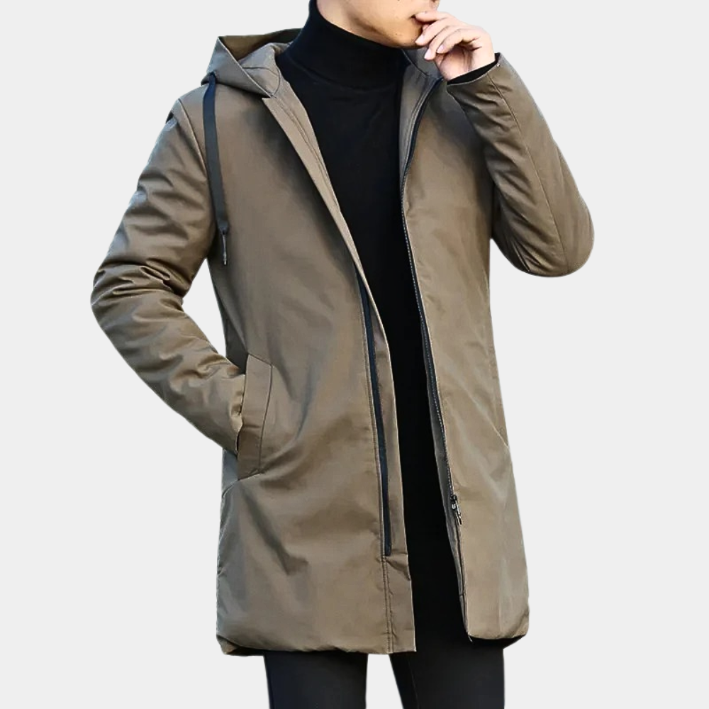 Hooded Mid-Length Coat for Men - Zip-Up - Image 4