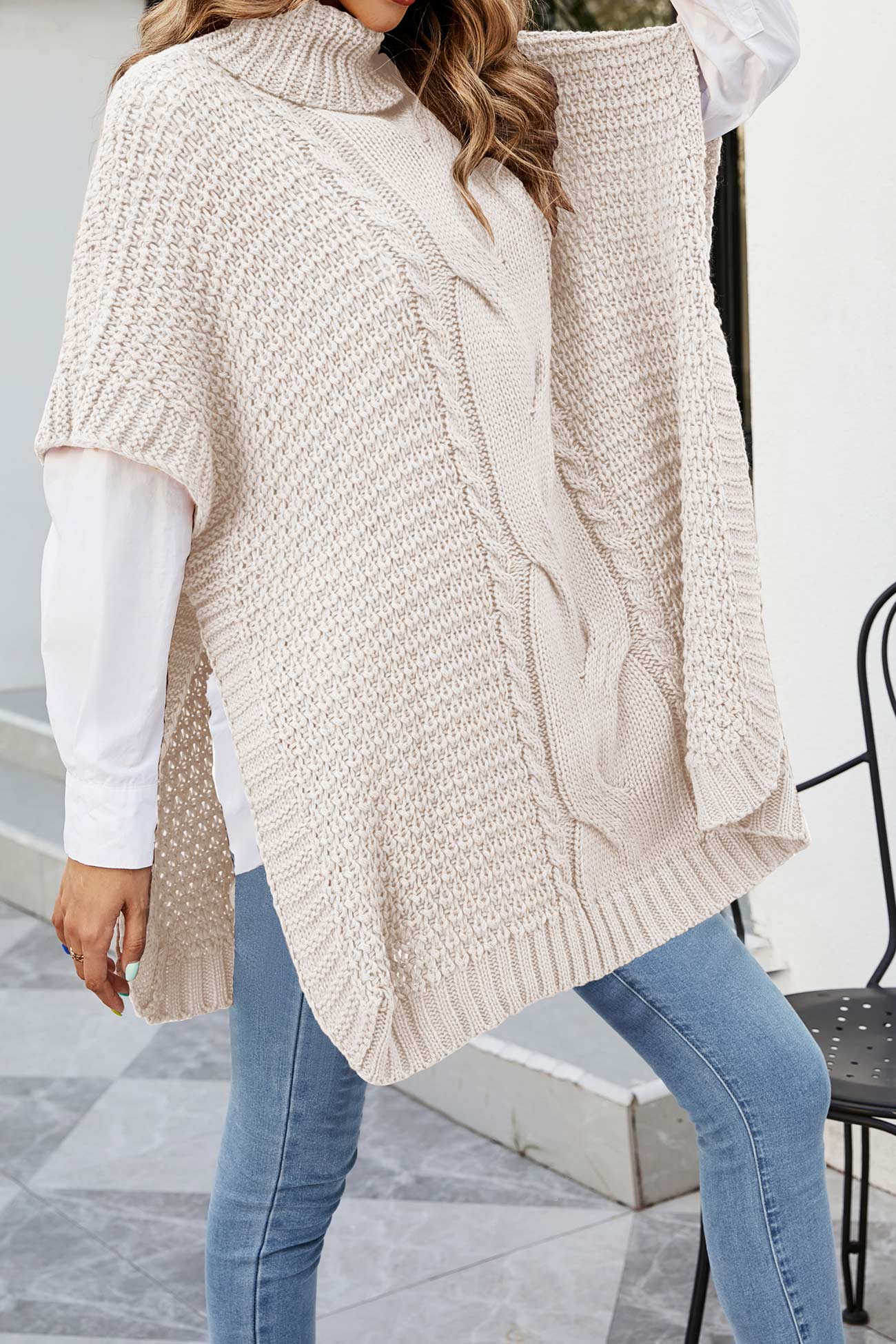 Cable Knit Poncho Sweater for Women - Turtleneck - Image 3