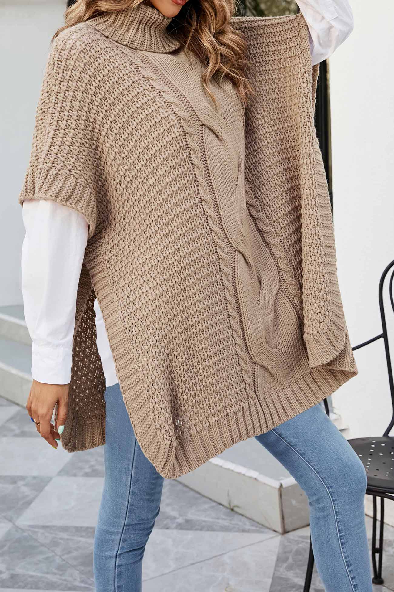 Cable Knit Poncho Sweater for Women - Turtleneck - Image 7