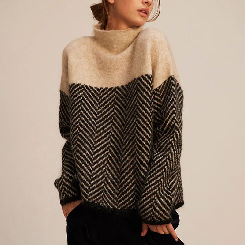Turtleneck Color Block Sweater for Women - Long Sleeve - Image 1