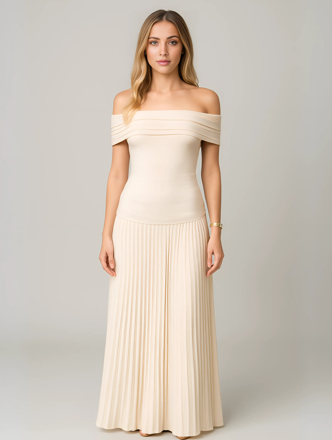 Off-the-Shoulder Pleated Maxi Dress for women - Fitted Bodice Ruched - Floor Length - Image 1