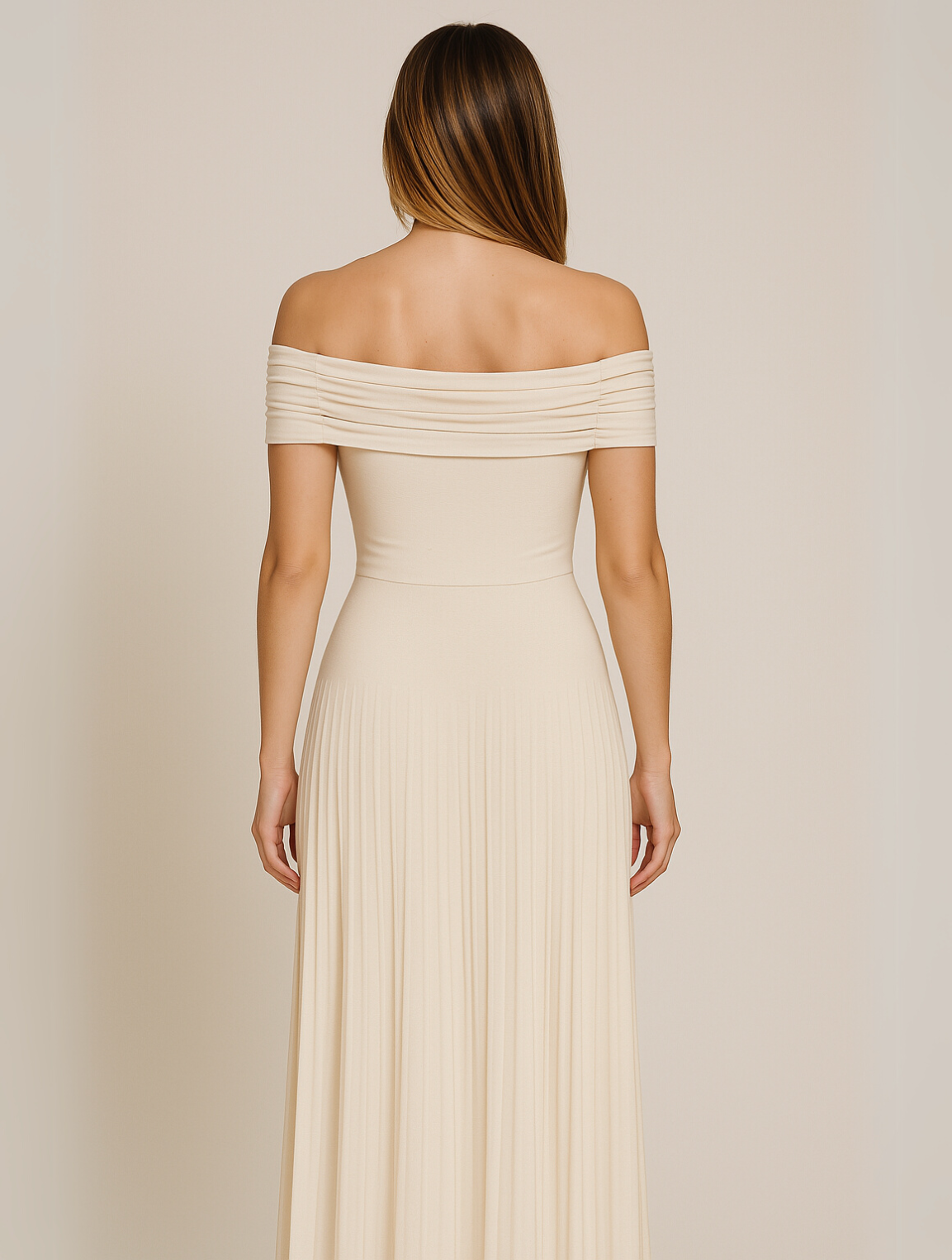 Off-the-Shoulder Pleated Maxi Dress for women - Fitted Bodice Ruched - Floor Length - Image 3