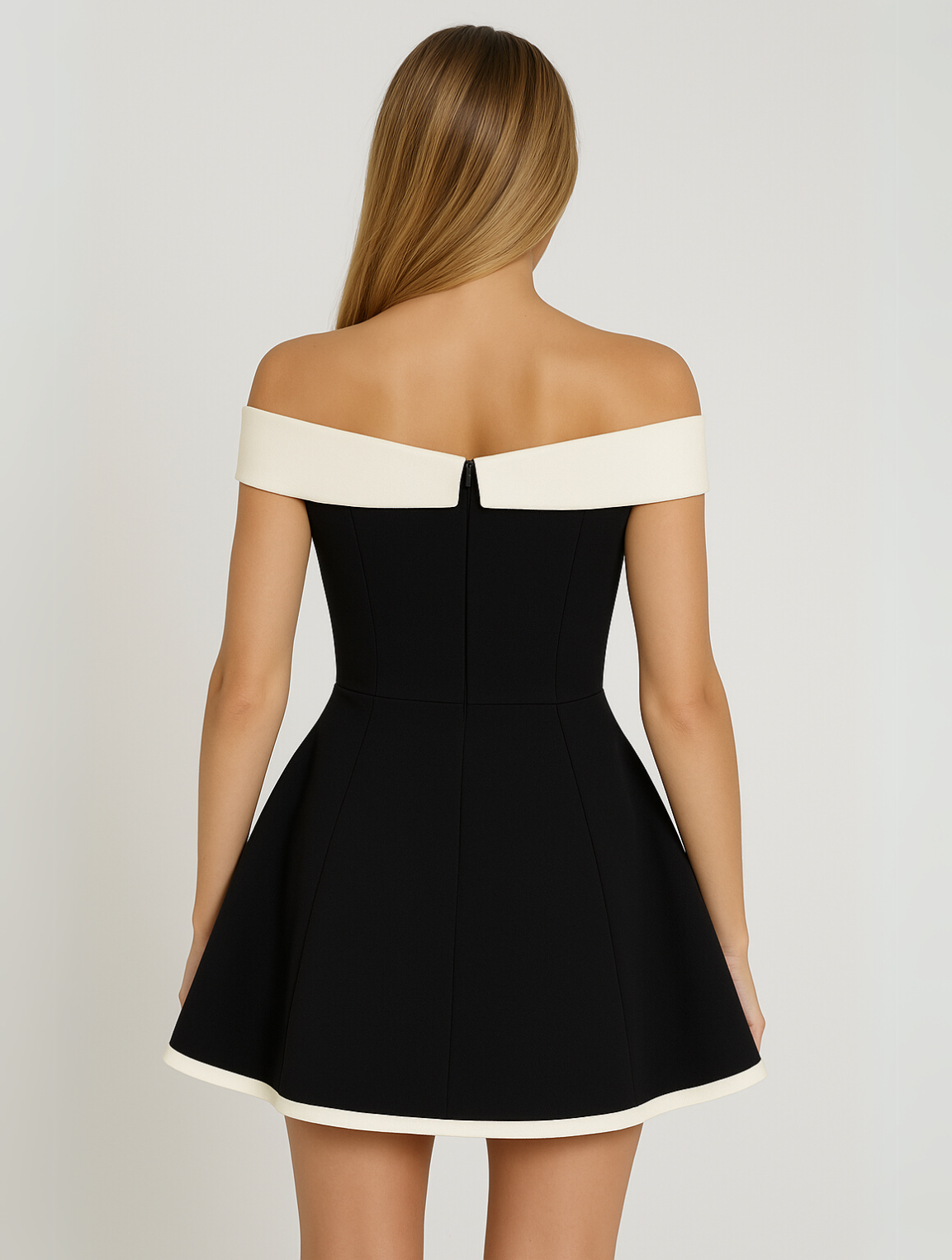 Off-the-Shoulder A-Line Mini Dress for women - Sweetheart Neckline Fitted Bodice - Color Block - Image 4