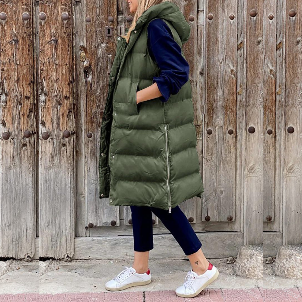 Long Puffer Vest for Women - Hooded - Image 1