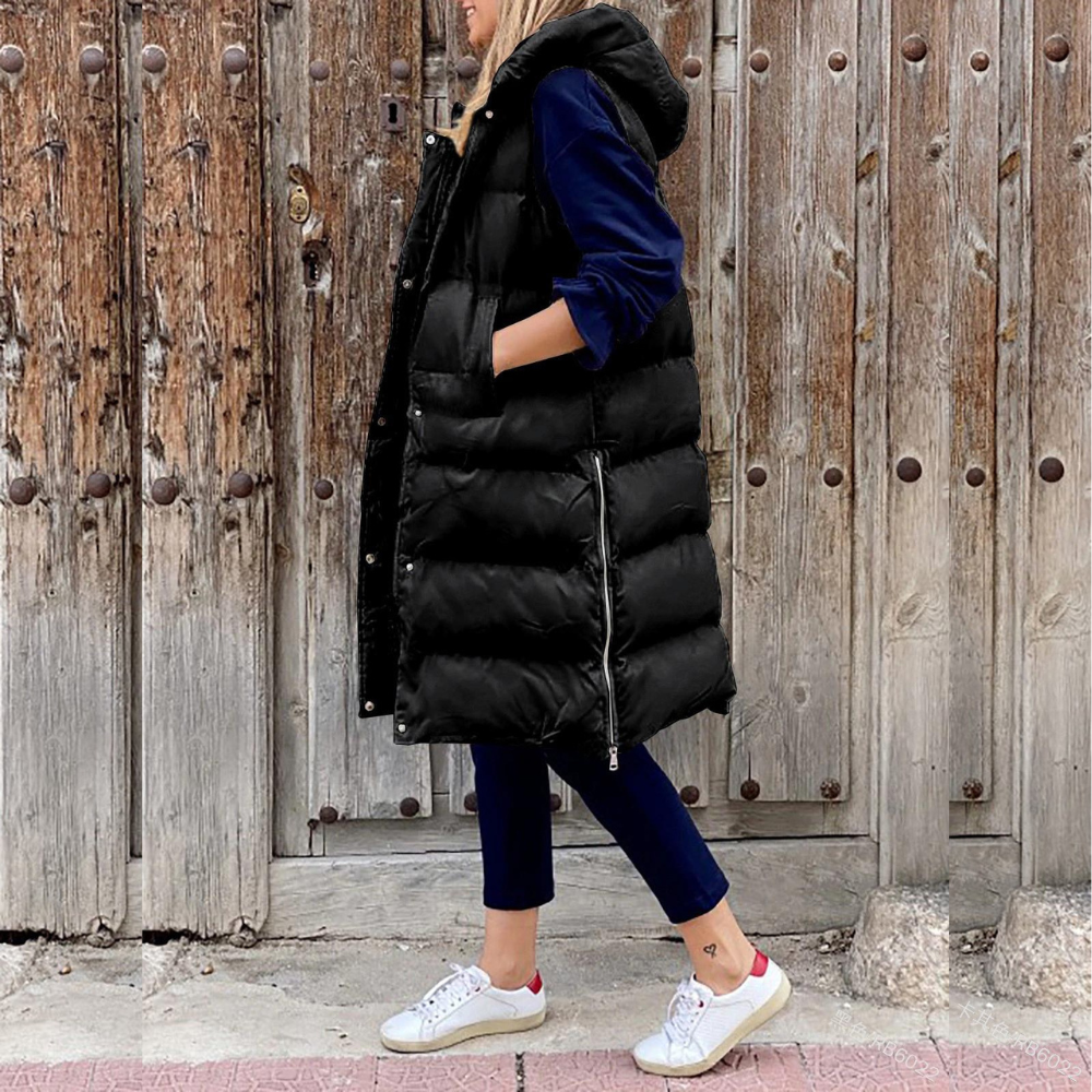 Long Puffer Vest for Women - Hooded - Image 3