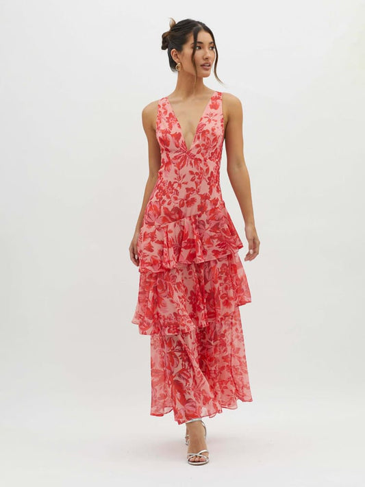 Floral Tiered Maxi Dress for women - V-Neck Backless - Image 1
