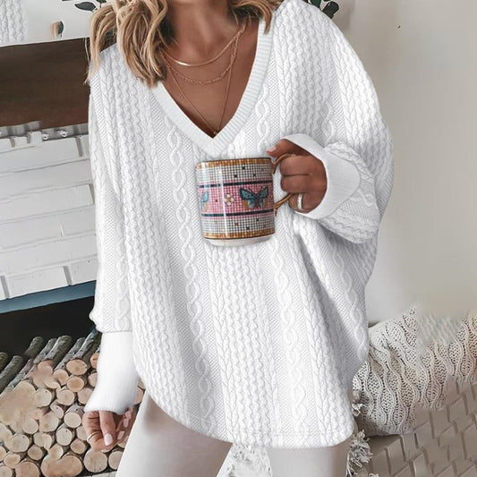 Cable Knit Oversized Sweater for Women - V-Neck - Image 1