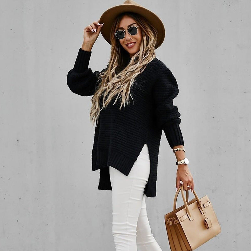 Oversized Pullover Sweater for Women - Split Hem - Image 7