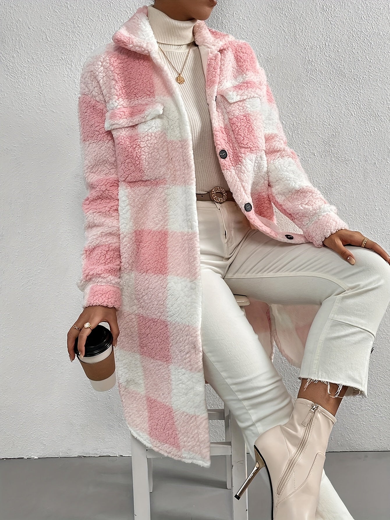 Plaid Long Coat for Women - Button Front - Image 1