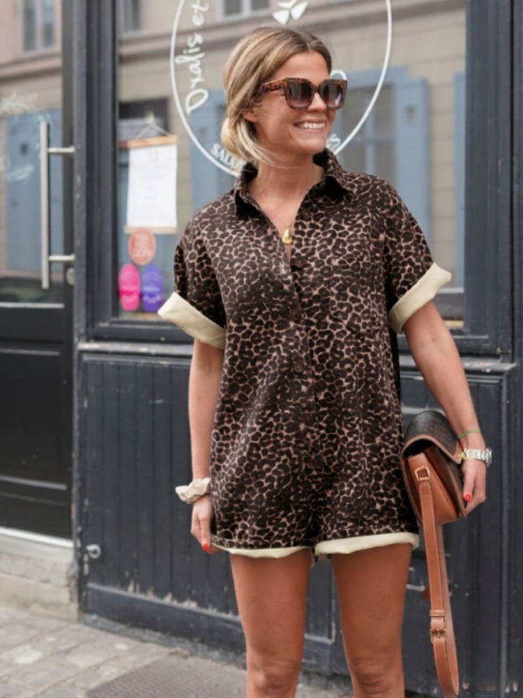 Animal Print Button-Up Romper for Women - Collared - Cuffed Sleeve - Image 2