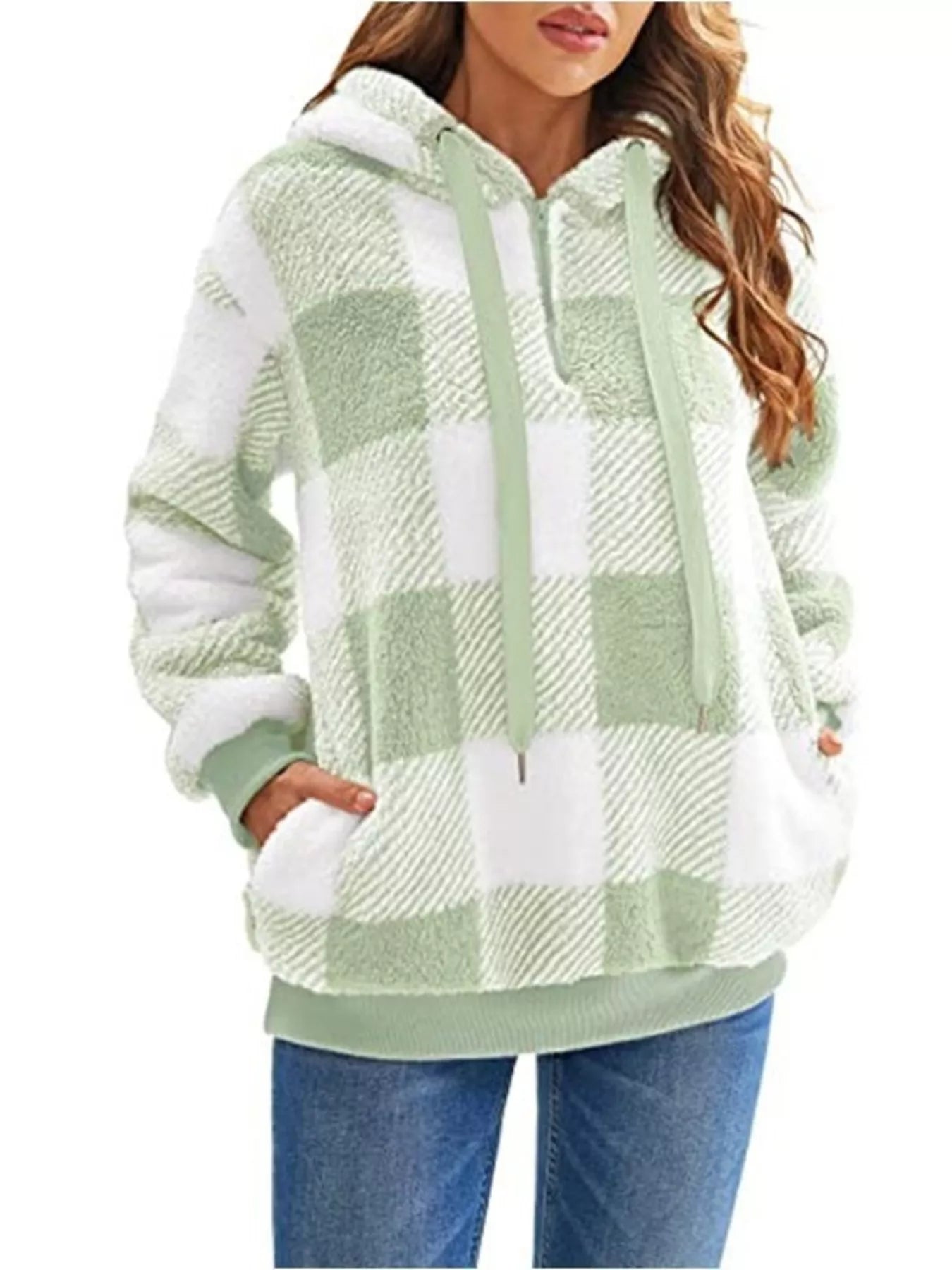 Plaid Hooded Pullover for Women - Half-Zip - Image 13