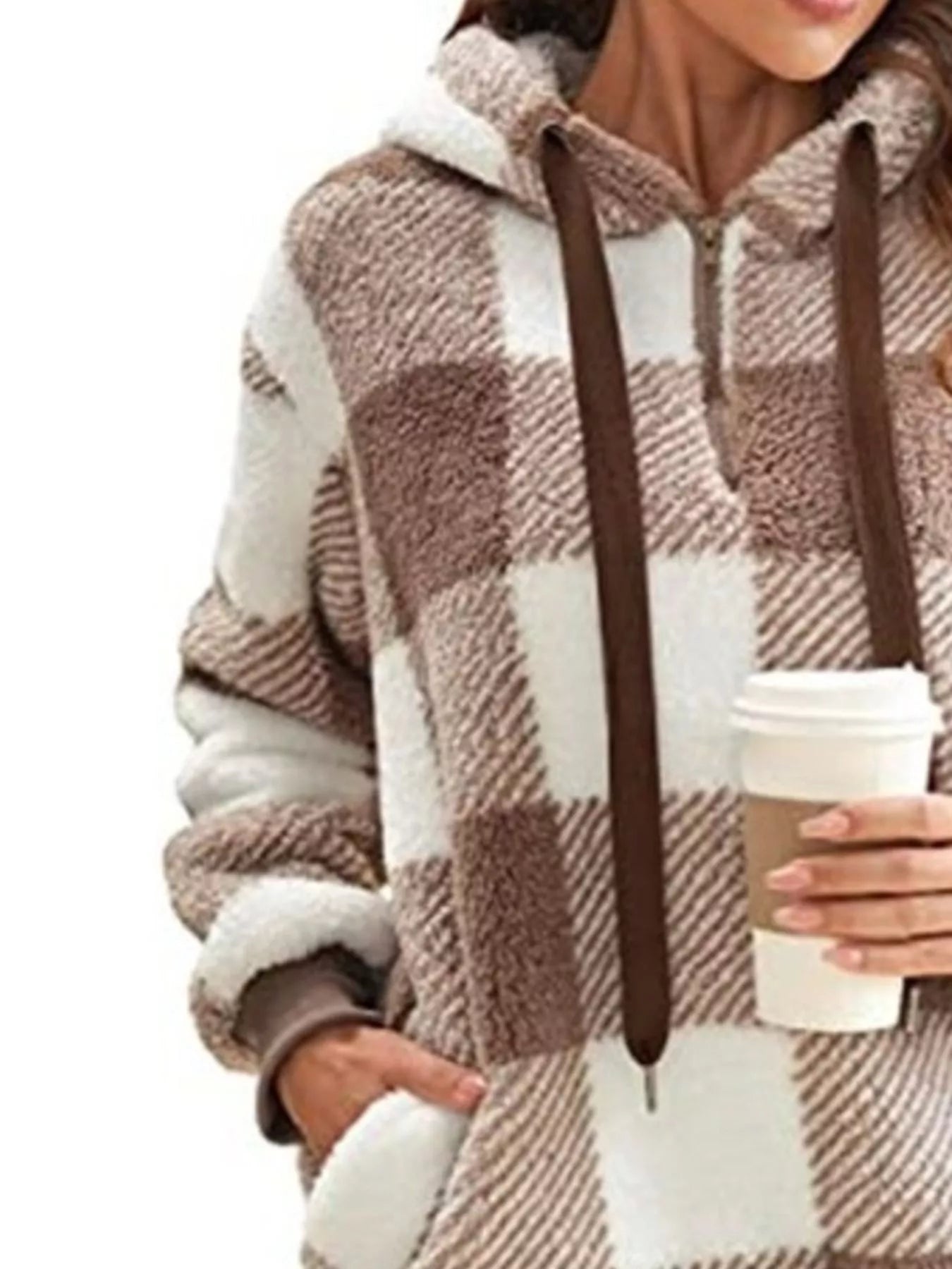 Plaid Hooded Pullover for Women - Half-Zip - Image 5