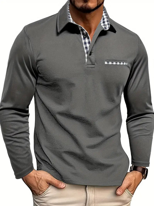 Long Sleeve Polo Shirt for Men - Button-Down Collar Chest Pocket - Image 1