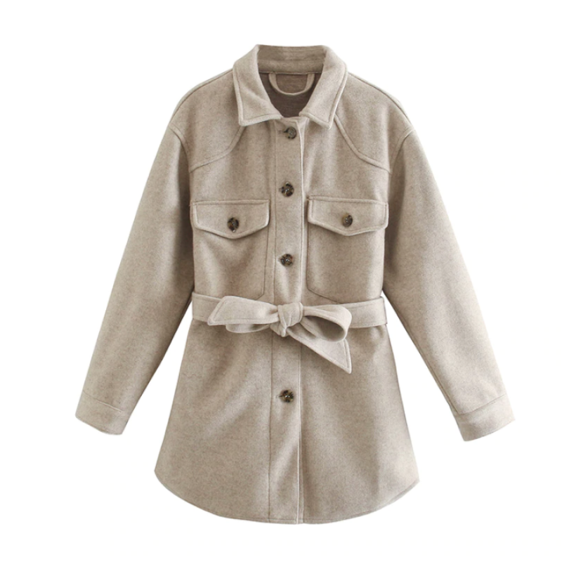 Belted Shirt Jacket Coat for Women - Flap Pockets - Image 3
