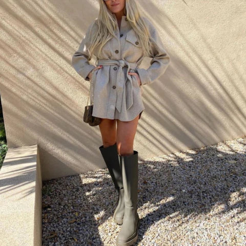 Belted Shirt Jacket Coat for Women - Flap Pockets - Image 1