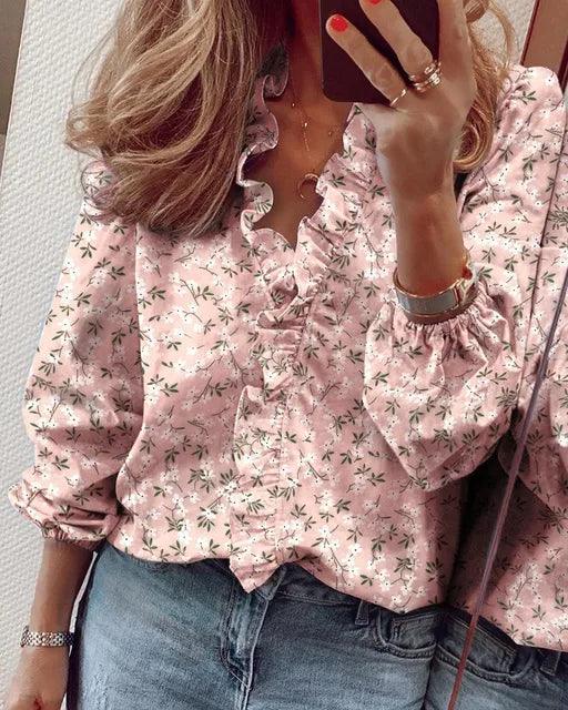 Ruffle V-Neck Blouse for women - Long Sleeve Balloon Sleeve - Button Front Relaxed Fit - Image 2