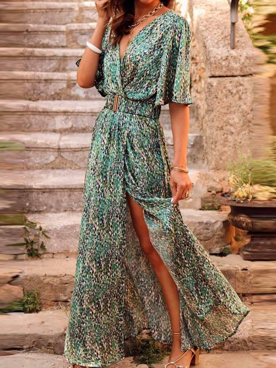 Belted V-Neck Maxi Dress for women - High Slit Wrap Short Sleeve - Printed - Image 1