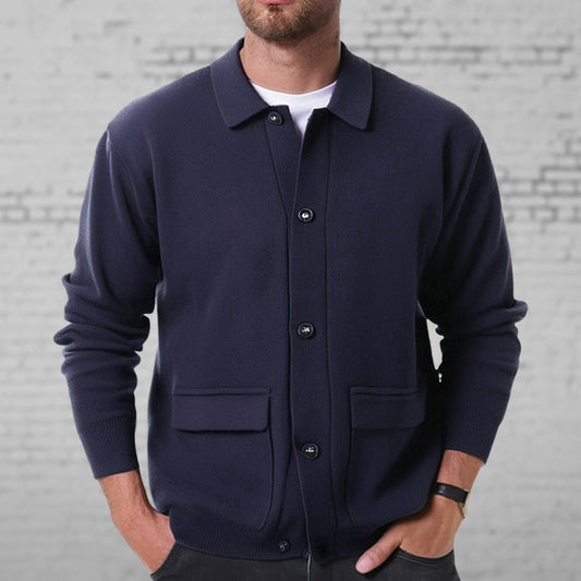 Button-Down Collared Sweater for Men - Patch Pockets - Image 1