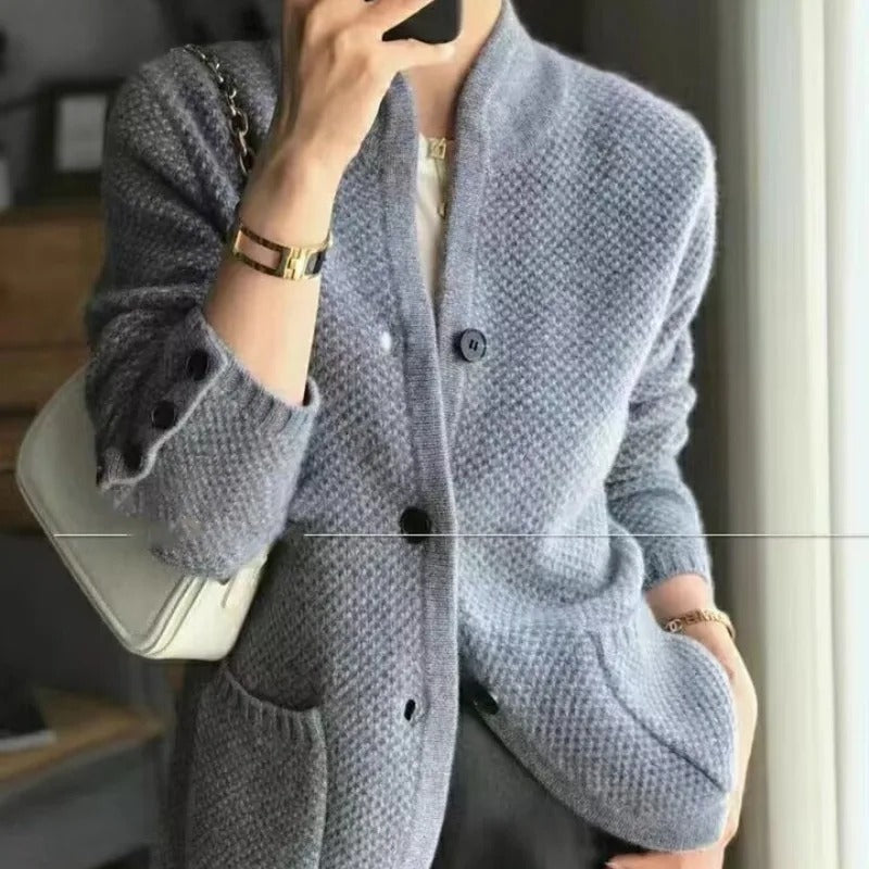 Textured Knit Button-Front Jacket for Women - Patch Pockets - Image 3