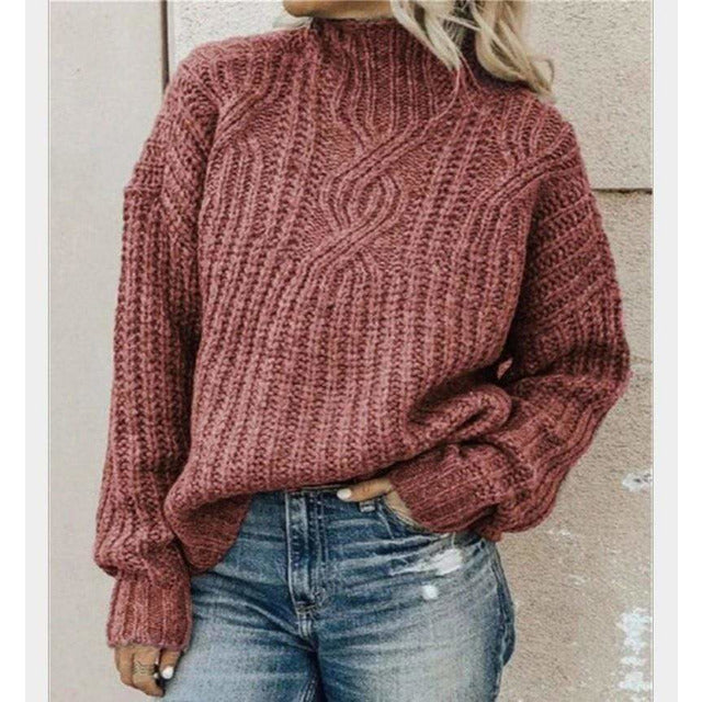 Cable Knit Pullover Sweater for Women - High Neck - Image 2