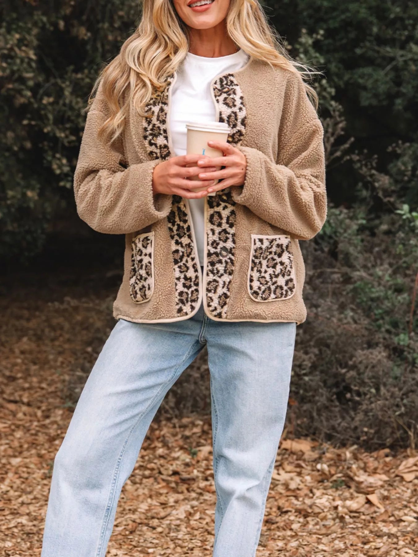 Sherpa Jacket for Women - Leopard Print Trim - Image 6