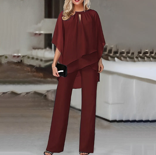 Wide Leg Pant Suit for Women - Overlay Top Keyhole Neck - Image 1